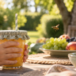 Piqûre de guêpe chez l'enfant en 2026 : prévention au goûter avec un verre couvert et une paille au jardin