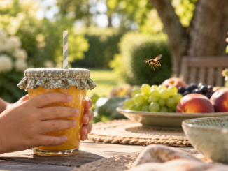 Piqûre de guêpe chez l'enfant en 2026 : prévention au goûter avec un verre couvert et une paille au jardin