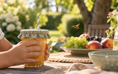 Piqûre de guêpe chez l'enfant en 2026 : prévention au goûter avec un verre couvert et une paille au jardin