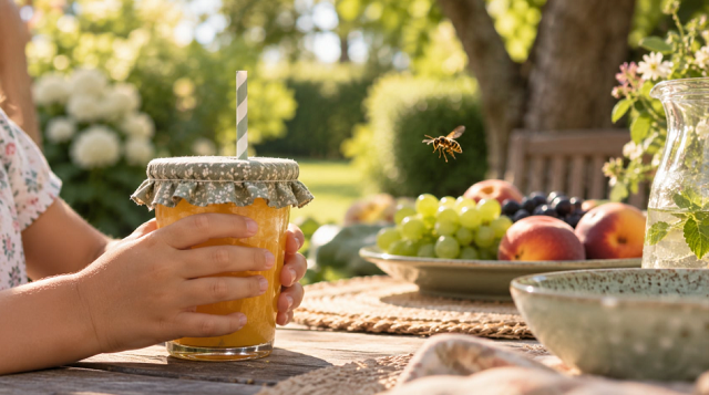 Piqûre de guêpe chez l'enfant en 2026 : prévention au goûter avec un verre couvert et une paille au jardin