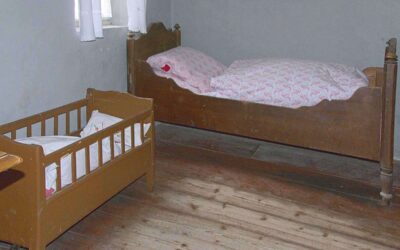 Chambre aménagée avec un lit adulte et un petit berceau en bois clair pour enfant