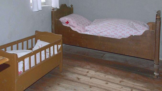 Chambre aménagée avec un lit adulte et un petit berceau en bois clair pour enfant